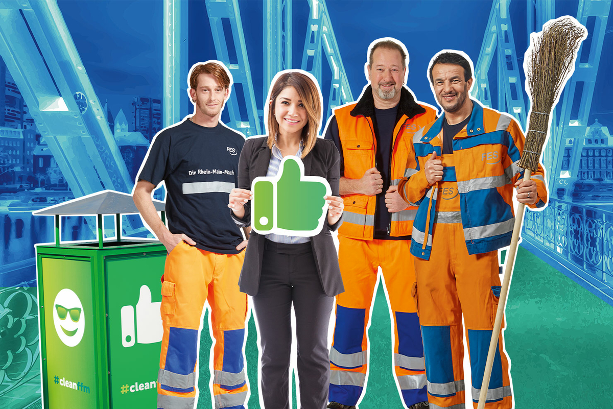 Kampagnenbild zu cleanffm mit FES-Mitarbeitenden und Symbolen